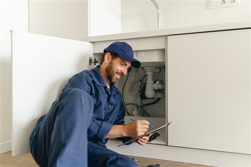Residential plumber reviewing plumbing repairs in a Duluth kitchen